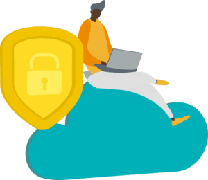 man sitting on a cloud with a security badge