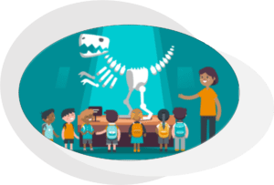 children being shown a dinosaur skeleton by a teacher